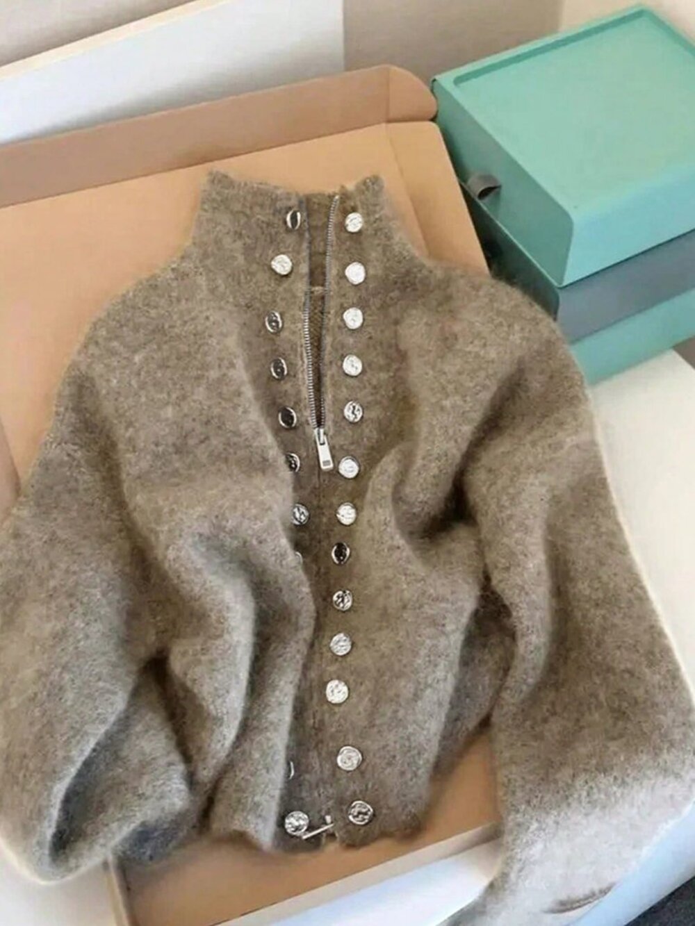 Casual Khaki Women's Knitted Turtleneck Cardigan